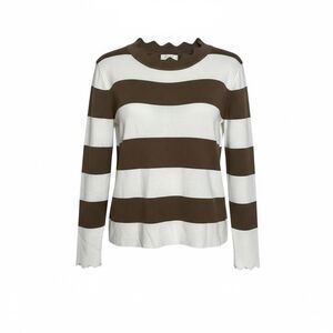 Sasa Striped Scalloped Knit Lightweight Pullover Sweater Brown White Size Small